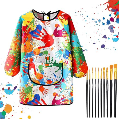 PXBSNB Kids Painting Apron 6-12 Age, Art Apron for Kids with Nylon Brush, Waterproof Graffiti Long Sleeves Smock with Large Pockets, Suitable for Boys and Girls Cooking Painting Craft School