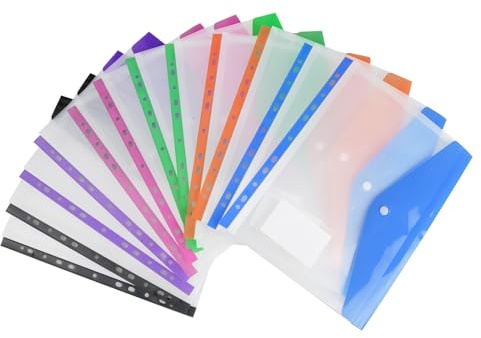 Elalove 12 Fundas Transparentes A4 Multitaladro - Fundas de Plástico A4 con 6 Colores, Impermeables y Duraderas para Organizar Documentos en Oficina, Escuela o Hogar (24.5x31 cm)