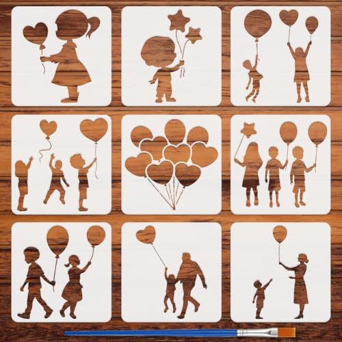 FINGERINSPIRE 9Pz Stencil per Pittura a Palloncino con Pennello 15x15cm Stencils di Disegno con Motivo di Bambina e Bambino Persone con Stencil a Palloncino per Pittura su Legno Pareti Tessuti