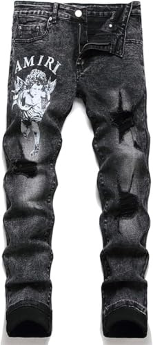 Jeans Stampati Modello Punk retrò da Uomo Goth Harajuku Punk Primavera E Autunno Moda Tendenza Sottile Jeans Dritti Elasticizzati (Nero,S)
