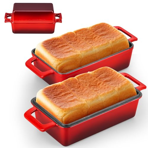Leonyo Kastenform aus Gusseisen mit Deckel, 2-in-1 emaillierte Sauerteig-Backform, hausgemachtes Brot Dutch Oven für Pfund Kuchen, Lasagne, bis zu 260 °C & rot