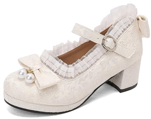 MiaZane Decolleté Mary Jane Donna Tacco Block Medio Dolce Punta Tonda Fiocco Piattaforma Scarpe Vestito per Ricevimento di Matrimonio & Lolita Cosplay Tessuto Superiore,Beige,39 EU