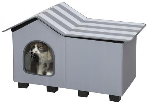 PawHut Outdoor Cat House, Weather Resistant Feral Cat Cave with Elevated Base and Cushion for Winter, Pet House with Top Platform for Indoor Outdoor, Grey
