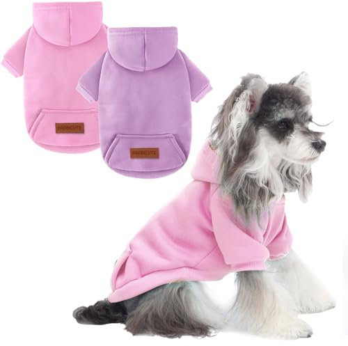 2 Pack Dog Hoodie Warm Hood Dog Sweater Cold Weather Small Dogs Sweatshirt Comfort Pet Clothes for Small Medium Dogs with Pockets (Pink+Purple, S (Back: 9.45,Chest: 14.9, 3.5-5.8lbs))