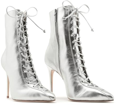 Botines de Tacón Alto con Cordones para Mujer, Botines Cortos de Tacón de Aguja de Gran Tamaño con Punta Puntiaguda Zapatos de Fiesta de Otoño para Bodas y Eventos Formales,Plata,42 EU