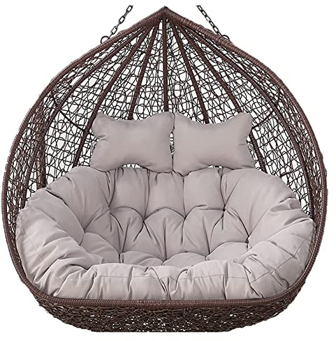 Gran silla colgante doble de mimbre para 2 personas, resistente al agua y al sol, silla de huevo con cojines lavables, cojín grueso de repuesto, silla colgante acogedora para exteriores (Gris)