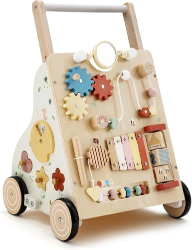 Wooden Baby Walker, Baby Push Walker for Boys and Girls 12 Months+, Adjustable Speed and Height Activity Walker, Montessori Push Toy for Toddler Learning to Walk