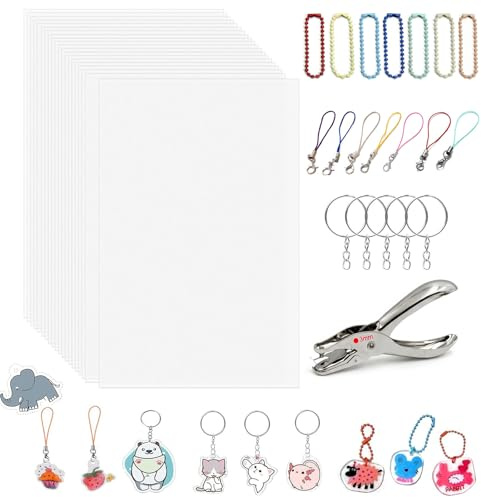 LEOINAER Schrumpffolien Set für DIY Handwerk – 15 Stück Schrumpfpapier A5, 150 Schlüsselanhänger und Biegeringe für Kinder und Erwachsene – Kreative Bastelidee für Schlüsselanhänger, Geschenke und We