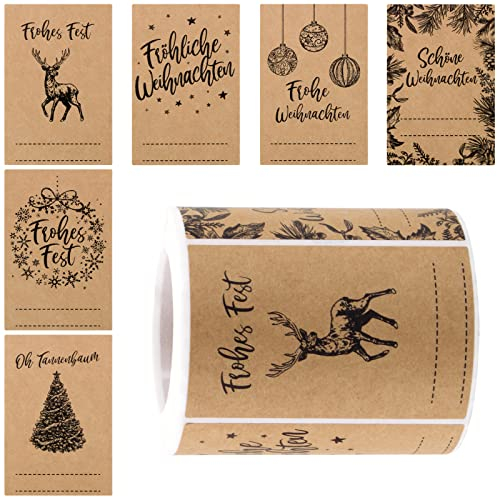 250 Stück Weihnachtsaufkleber zum Beschriften Weihnachtssticker Kraftpapier Etiketten Selbstklebend Anhänger Aufkleber Frohe Weihnachten Geschenkaufkleber Klebeetiketten Weihnachtsdeko