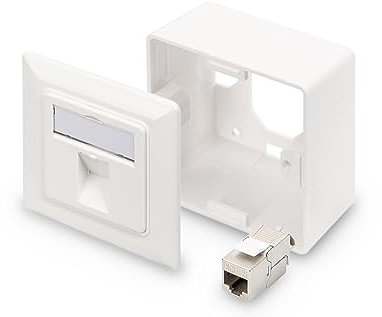 DIGITUS Set: Toma de red de 1 puerto - 1 pieza - Con 1x módulo Keystone Cat6A - Salida en ángulo de 45° - Con marco para montaje en superficie - Blanco