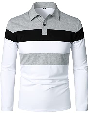 HOOD CREW Men's Color-Block Long Sleeve Casual Polo Shirt Striped Golf Tops White