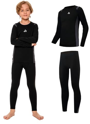 AMZSPORT Biancheria Intima Termica per Bambini, Set Intimo a Manica Lunga per Ragazzi, Comfort e Traspirabilità per Lo Sci, Il Calcio e Gli Sport Invernali, Nero S