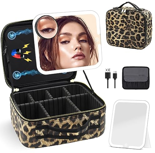 Travel Makeup Bag with Magnetic Removable LED Lighted Mirror, Cosmetic Organiser Train Case with Adjustable Dividers, 3 Color Settings Vanity Make up Storage Case Portable Waterproof Traveling Box