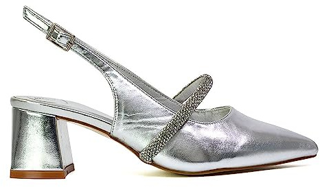 ESSEX GLAM Womens Low Heel Bridal Shoes Ladies Pull On Slingback Diamante Strap Silver Wedding Party Pointed Toe Courts Pumps Size 3