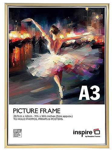 inspire by Hampton Frames | Picture Poster Frame | A3 (30x42cm), Gold, Plastic, Foil Wrapped | Acrylic Non-Glass Front, Drop-In Back, Wall Mount | For Photo, Certificate, Artwork Display