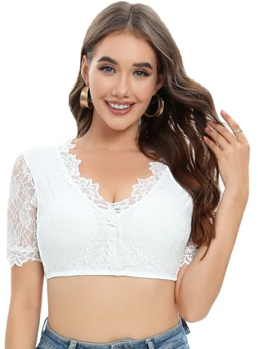 Yuson Girl Camicetta Dirndl Bianca Donna Oktoberfest Tradizionale Dirndl Maglietta Trasparente Elegante Sexy Clubwear Bavarese Camicetta in Pizzo(Bianco-A, 36)