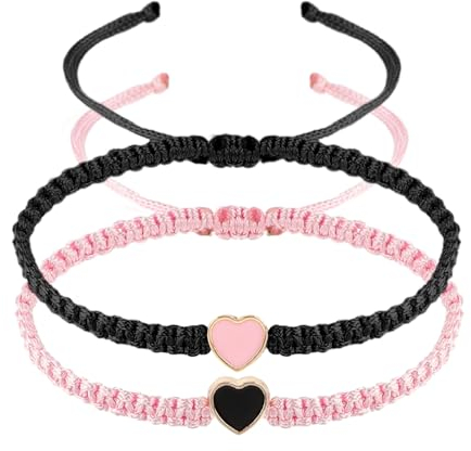 Telooco Herz Armband Rosa 2 Stück Paar Glücksarmband Damen Verstellbares Armkette Mädchen Freundschaftsarmband Handmade Geflochtenes Armband Geschenk für Jahrestag Freund Freundin (Schwarz, Rosa)