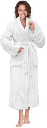 PAVILIA White Women Robe Fleece Plush Soft, Fluffy Fuzzy Cozy Warm Lightweight Bathrobe, Shower Spa House Long Robe for Women, L/XL