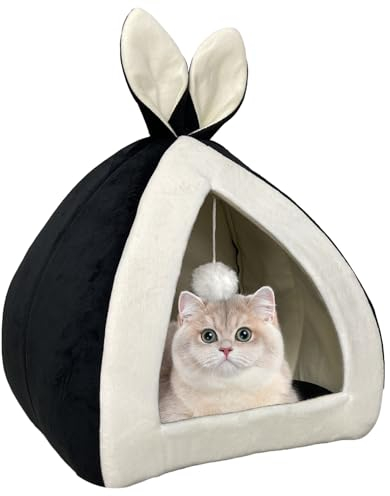 Vinnypet Katzenhöhle Katzenbett mit Waschbares Bequemem Kissenkissen Flanell-Katzenzelt mit lustigen Katzenbällen Faltbares Katzenhau 40x40x40cm
