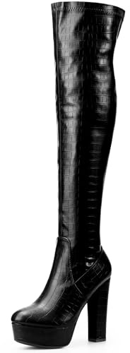 Perphy Women Stone Pattern Chunky Heels Platform Over Knee Thigh High Boots