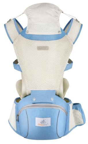 SONARIN Sommarbärsele som andas med höftsäte, multifunktionell 3-i-1 höftsits babybärare ergonomisk barnbärarryggsäck främre bärsele flera positioner för 0-36 månader (ljusblå)