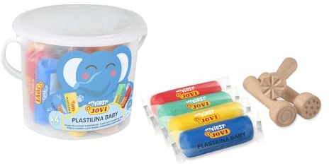 Jovi - Pâte à modeler extra-sople, Plastilina baby, ne se dessèche pas, 8 x 38gr, 4 couleurs + 3 tampons en bois