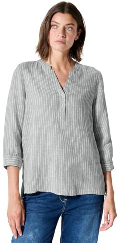 Cecil Linen_Stripe delad hals blus, Chambray Balmy Khaki, M