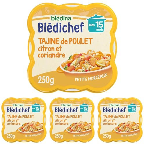 Blédina - Blédichef - Repas Bébé 15 Mois - Plat Bébé Tajine de Poulet Citron Coriandre - Petits Morceaux - 100% Ingrédients d'Origine Naturelle - Dès 15 Mois - 1 Assiette de 250g (Lot de 4)
