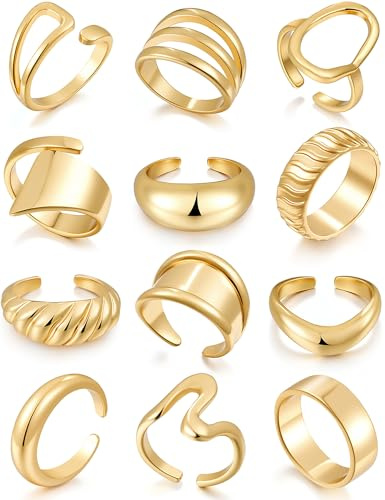 17 MILE 12 PCS Chunky Gold Rings for Women Non Tarnish, 18K Gold Plated Statement Open Stacking Rings, Stackable Knuckle Band Ring Set