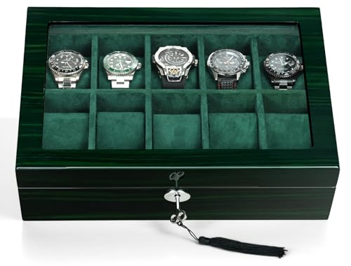 Caja de reloj para hombre, caja de almacenamiento para 10 relojes, pantalla de reloj inteligente, madera verde con interior de gamuza suave, ventana de cristal grande