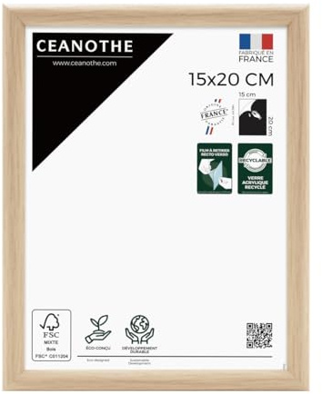 Ceanothe Cadre Photo 15x20 cm Bois Clair Naturel, pour Exposition et Idéal pour Portrait Bureau et A5, Collection Essentiel Verre Acrylique Incassable Fabriqué en France