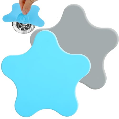 BOHUIZ 2 Pack Bathtub Drain Stopper, 5 inch Silicone Tub Stopper Shower Drain Cover, Adorable Pentagram Illustration Flat Suction Cover for Kitchen Bathroom Accessories and Laundry(Blue, Orange)