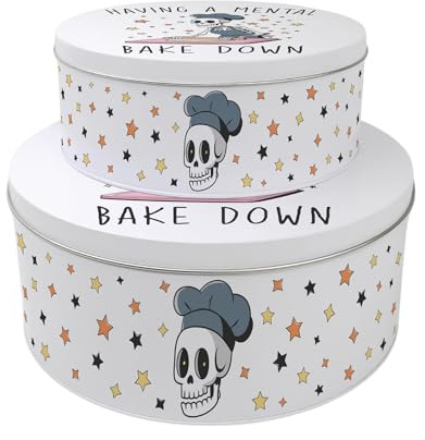 Purely Home Mental Bake Down Set of 2 Cake Tins Gift - Funny Halloween Themed Nesting Round Large & Medium Metal Storage Containers for Baking