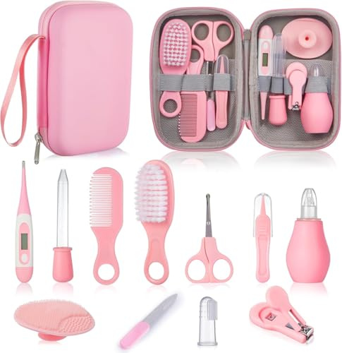 Cutties and Giggles Baby Healthcare Kit, 13-Piece Grooming and Care Set with Case, Pink