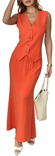 Fakanhui Tenue 2 pièces en lin pour femme avec jupe longue, gilet, gilet, costume d'affaires, décontracté, vacances d'été