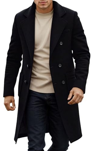 Generisch Blazer elegante de lana para hombre con doble hilera de botones - Blazer clásico largo de invierno | Blazer de negocios de corte ajustado con cuello con solapa, L