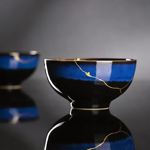 KANELASURI Kintsugi Bowl with 24K Gold, Handmade Blue Ceramic Wabi Sabi