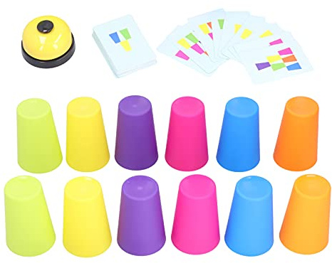 Cryfokt Färgglada Stapelkoppar Babystaplingsset Pedagogiska Leksaker för Barn, Förälder-Barn Interaktiva Pussel för 3+ år Plast 50 X Kort 6 X Koppar Bell (Dubbel stridscupstapling)