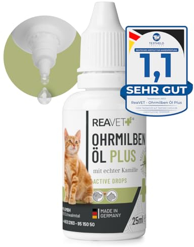 ReaVET Ohrmilbenöl Plus 25ml sofort wirksames Mittel für Katzen – gegen Ohrmilben mit Kamille für Katze, Sanfte Pflege bei Juckreiz im Ohr, Ohrentropfen Milben, Ohrenreiniger