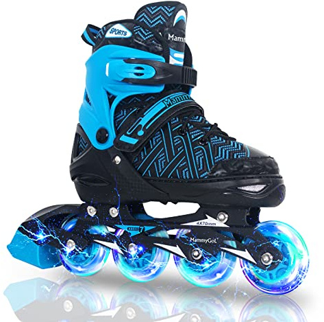 Inline Skates for Boys, Outdoor Adjustable Roller Skates for Kids Youth Beginners with Full Illuminating Safe Durable Blue Size 1 2 3 4