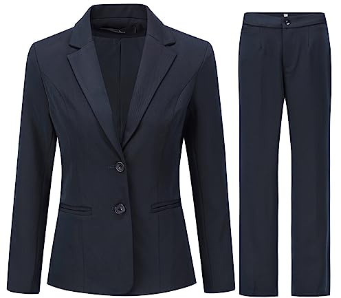 YYNUDA Tailleur Femme Ensemble avec Pantalon Revers Blazer 2 Pièces Poches Double Boutonnage Slim Fit Costumes Officiel,Marin,XS