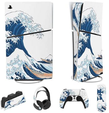 PlayVital Adhesivo Completo para ps5 Slim Digital Edición - Pegatina de Vinilo para Consola, Mando, Auriculares, Estación de Carga y Control Remoto, Protector Duradero (La Gran Ola de Kanagawa)