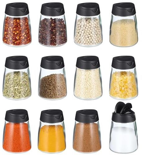 HEMOTON 12 tarros de especias con tapa doble, botellas de cristal de 150 ml, recipiente para especias para sal y pimienta, práctico dispensador de especias, botes de especias, almacenamiento para