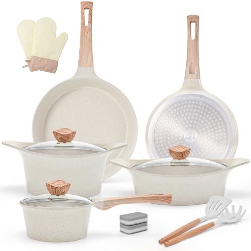 Riovarm Set med kastruller och stekpannor för induktionshäll, non-stick-beläggning i granit, med lock, PFOA-fritt köksredskapsset med träfiberhandtag, stålkastrull, soppkastrull