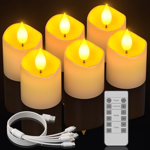 Ymenow LED Teelichter Wiederaufladbar, 6er set φ3.8cm Elektrische LED Kerzen Aufladbar mit Timerfunktion Fernbedienung USB C Ladekabel für Muttertag Halloween Weihnachten Zimmer Wohnzimmer Deko