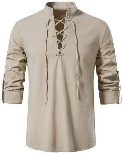 PADOLA Camicia in Lino Medievale Uomo Primavera-Estate, Henley a Maniche Lunghe da Uomo, Costume Cosplay Fantasia Gotico Pirata