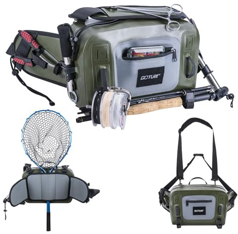 Goture Waterproof Fishing Waist Pack, IPX8 840D TPU Large Tackle Bag with Rod Holder, Airtight Zipper Closure, Fly Fishing Bag with Adjustable Waist Strap for Stream,Kayaking,Boating,Sling Fanny Pack
