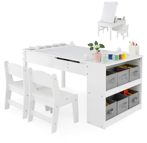 COSTWAY Kids Art Table and Chair Set(White,5 Cups:109x60x55cm) | Wooden Toddler Activity Table with 2-Tier Open Shelf, Storage Bins, Paper Roll, Children Furniture for Drawing