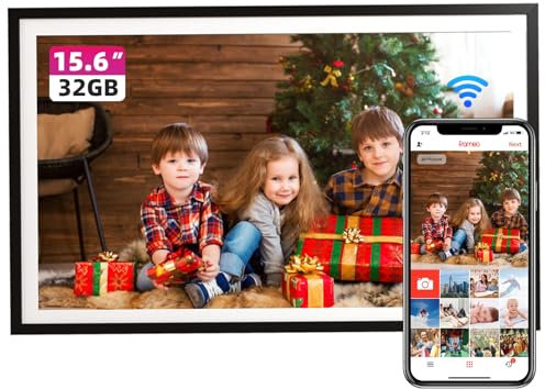 FRAMEO Digitaler Bilderrahmen 15,6 Zoll FHD Touchscreen Elektronischer Bilderrahmen Groß mit 32GB WALN Fernfreigabe von Fotos und Videos mit Kalender Wetter Musik