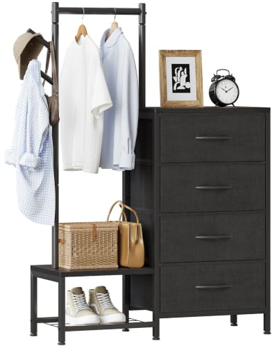 ODK 3 in 1 Chest of Drawers Bedroom, 4 Fabric Drawers, Black, 30x75.5x120cm | with a Sturdy Clothes Rail and 2 Coat Hooks, Double-layer Shoe Rack Design at the Bottom, Suitable for Bedroom and Entryway